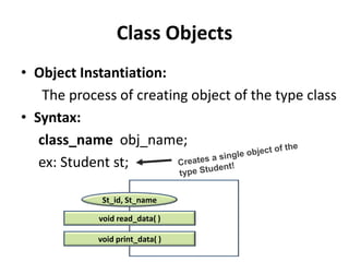 Class Objects
• Object Instantiation:
    The process of creating object of the type class
• Syntax:
   class_name obj_name;
   ex: Student st;

             St_id, St_name

            void read_data( )

            void print_data( )
 