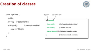PICT, Pune. Mrs. Madhuri S. Patil
Creation of classes
class MyClass {
public:
int var; // data member
void print() { // member method
cout << "Hello";
}
};
 