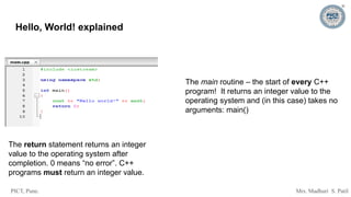 PICT, Pune. Mrs. Madhuri S. Patil
Hello, World! explained
The main routine – the start of every C++
program! It returns an integer value to the
operating system and (in this case) takes no
arguments: main()
The return statement returns an integer
value to the operating system after
completion. 0 means “no error”. C++
programs must return an integer value.
 