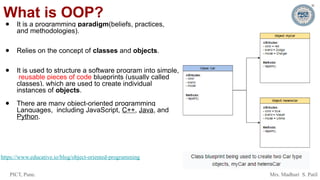 PICT, Pune. Mrs. Madhuri S. Patil
What is OOP?
● It is a programming paradigm(beliefs, practices,
and methodologies).
● Relies on the concept of classes and objects.
● It is used to structure a software program into simple,
reusable pieces of code blueprints (usually called
classes), which are used to create individual
instances of objects.
● There are many object-oriented programming
Languages, including JavaScript, C++, Java, and
Python.
https://www.educative.io/blog/object-oriented-programming
 