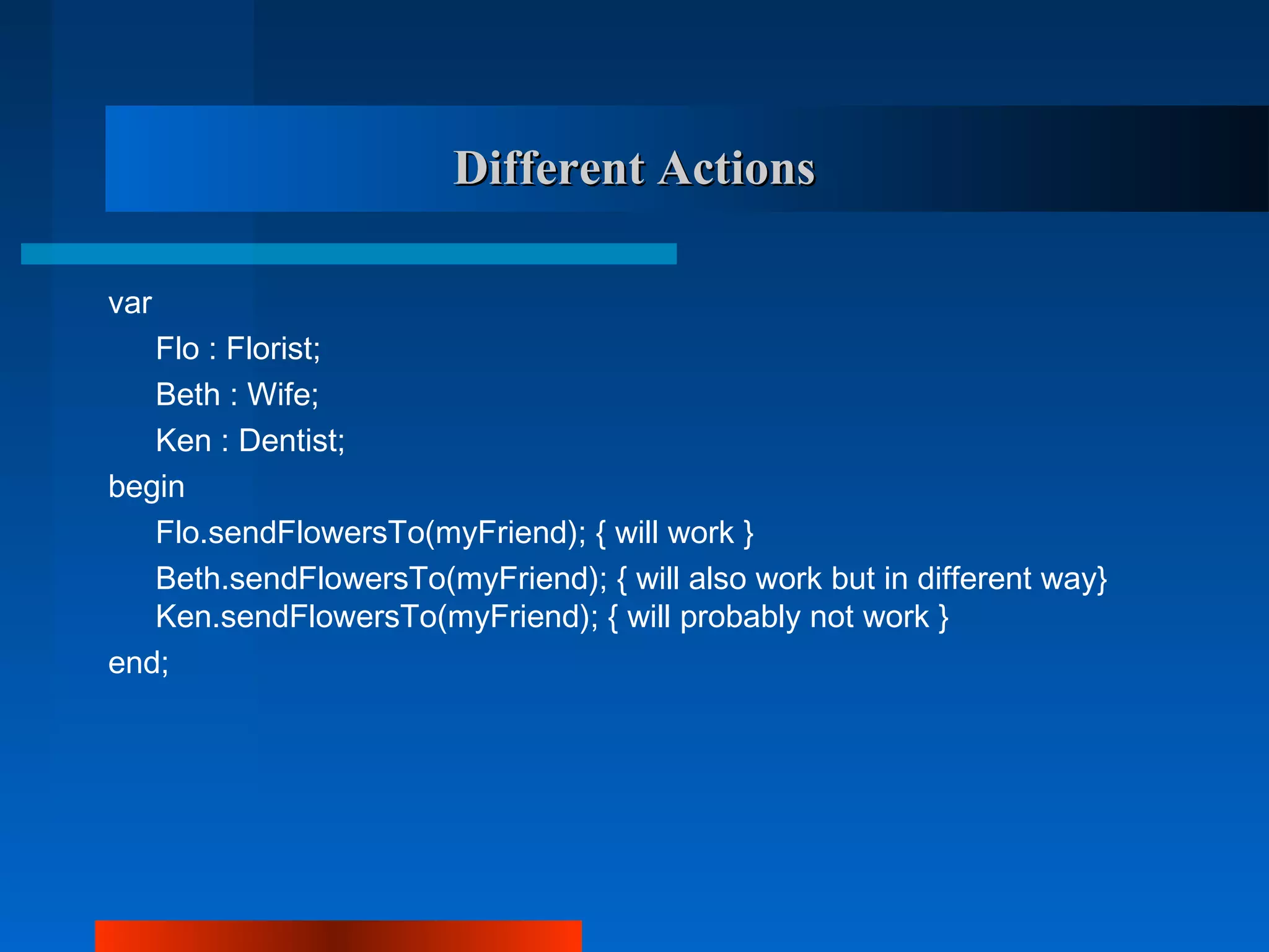 Different Actions

var
   Flo : Florist;
   Beth : Wife;
   Ken : Dentist;
begin
   Flo.sendFlowersTo(myFriend); { will work }
   Beth.sendFlowersTo(myFriend); { will also work but in different way}
   Ken.sendFlowersTo(myFriend); { will probably not work }
end;
 