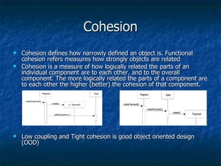 Cohesion Cohesion defines how narrowly defined an object is. Functional cohesion refers measures how strongly objects are related Cohesion is a measure of how logically related the parts of an individual component are to each other, and to the overall component. The more logically related the parts of a component are to each other the higher (better) the cohesion of that component.  Low coupling and Tight cohesion is good object oriented design (OOD) 