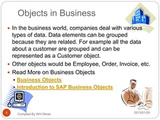 Objects in Business
2013/01/29Compiled By WH Olivier5
 In the business world, companies deal with various
types of data. Data elements can be grouped
because they are related. For example all the data
about a customer are grouped and can be
represented as a Customer object.
 Other objects would be Employee, Order, Invoice, etc.
 Read More on Business Objects
 Business Objects
 Introduction to SAP Business Objects
 