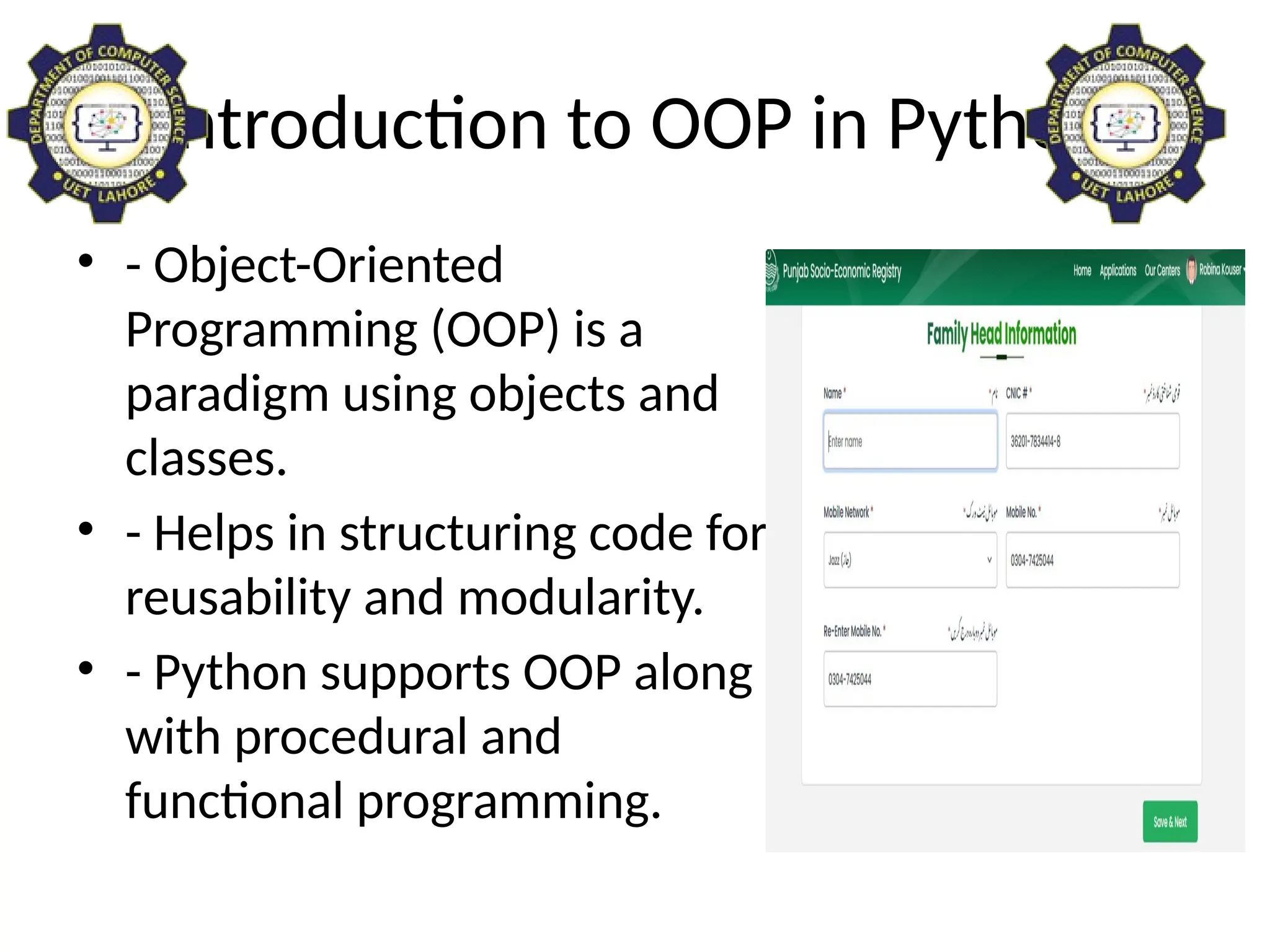 Introduction to OOP in Python
• - Object-Oriented
Programming (OOP) is a
paradigm using objects and
classes.
• - Helps in structuring code for
reusability and modularity.
• - Python supports OOP along
with procedural and
functional programming.
 