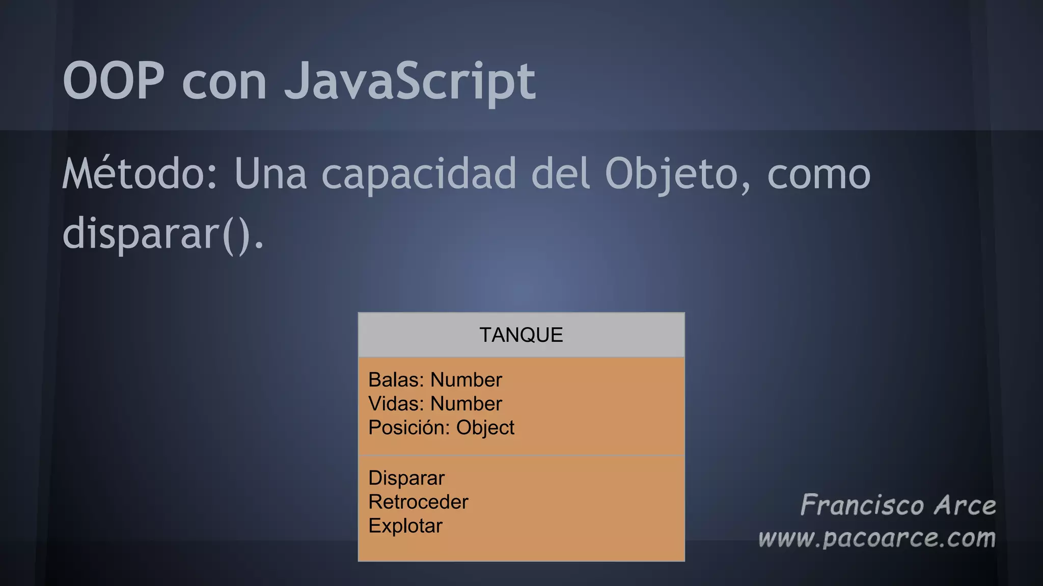 OOP con JavaScript
Método: Una capacidad del Objeto, como
disparar().
TANQUE
Balas: Number
Vidas: Number
Posición: Object
Disparar
Retroceder
Explotar
 