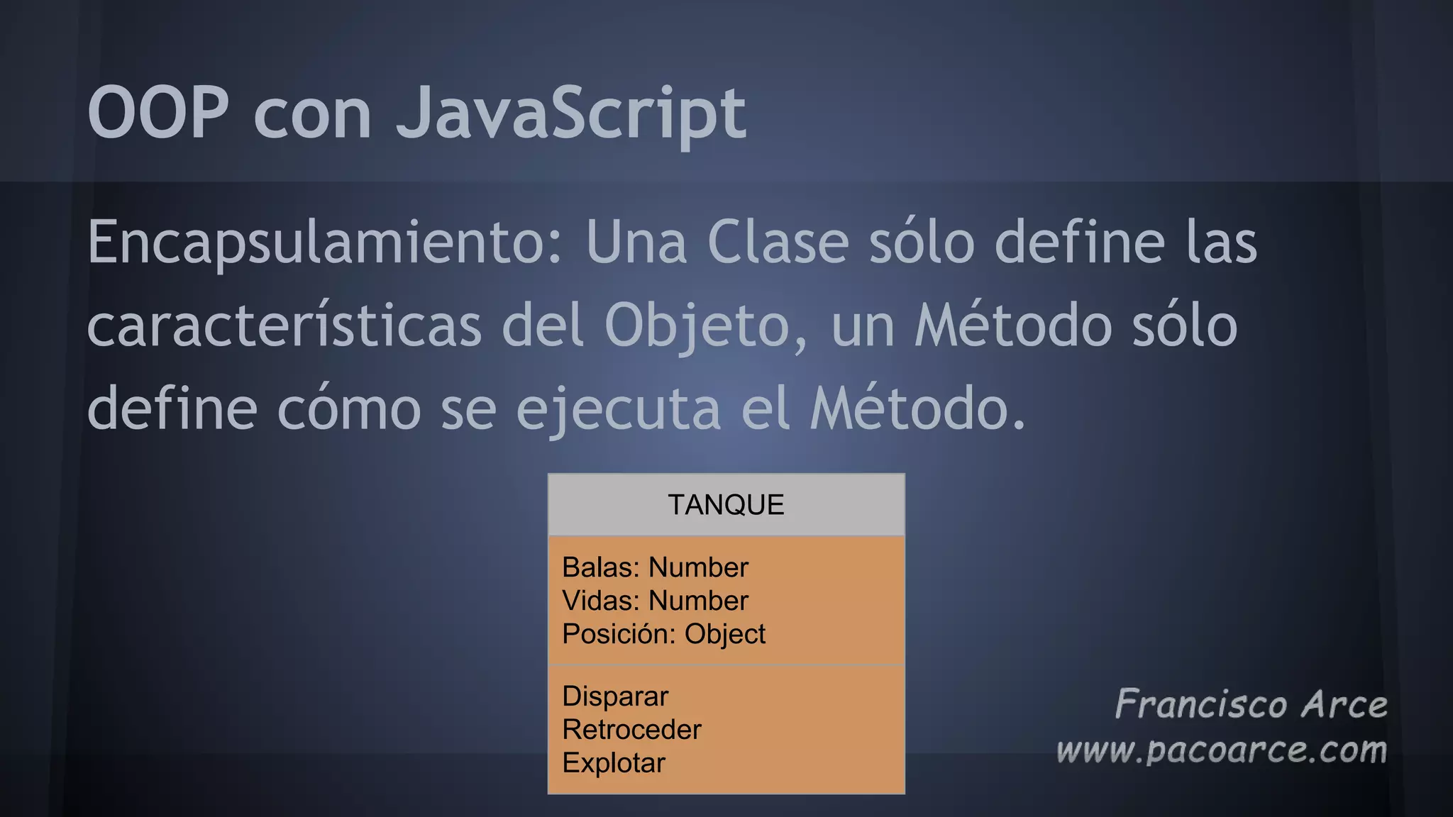 OOP con JavaScript
Encapsulamiento: Una Clase sólo define las
características del Objeto, un Método sólo
define cómo se ejecuta el Método.
TANQUE
Balas: Number
Vidas: Number
Posición: Object
Disparar
Retroceder
Explotar
 
