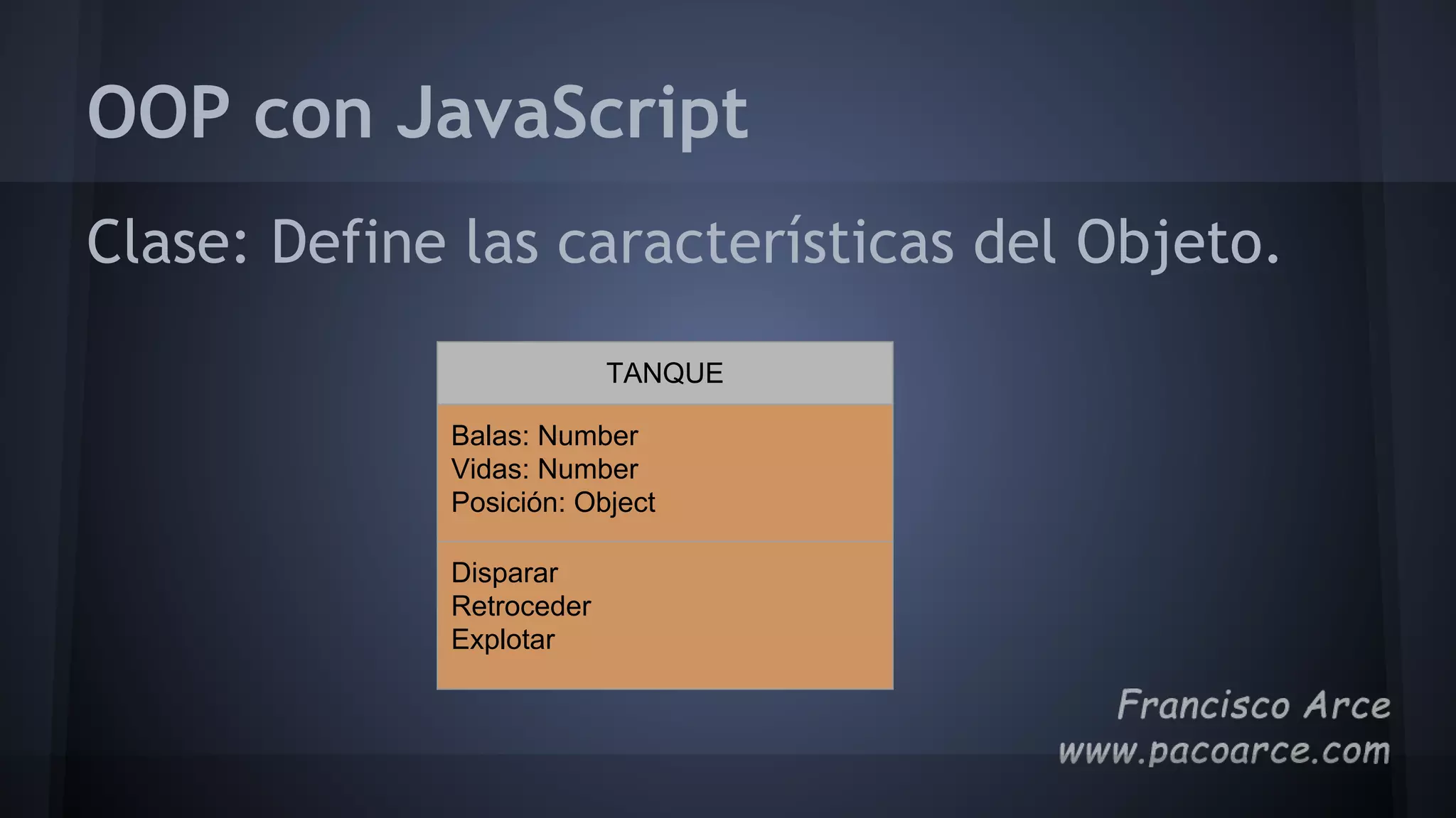 OOP con JavaScript
Clase: Define las características del Objeto.
TANQUE
Balas: Number
Vidas: Number
Posición: Object
Disparar
Retroceder
Explotar
 