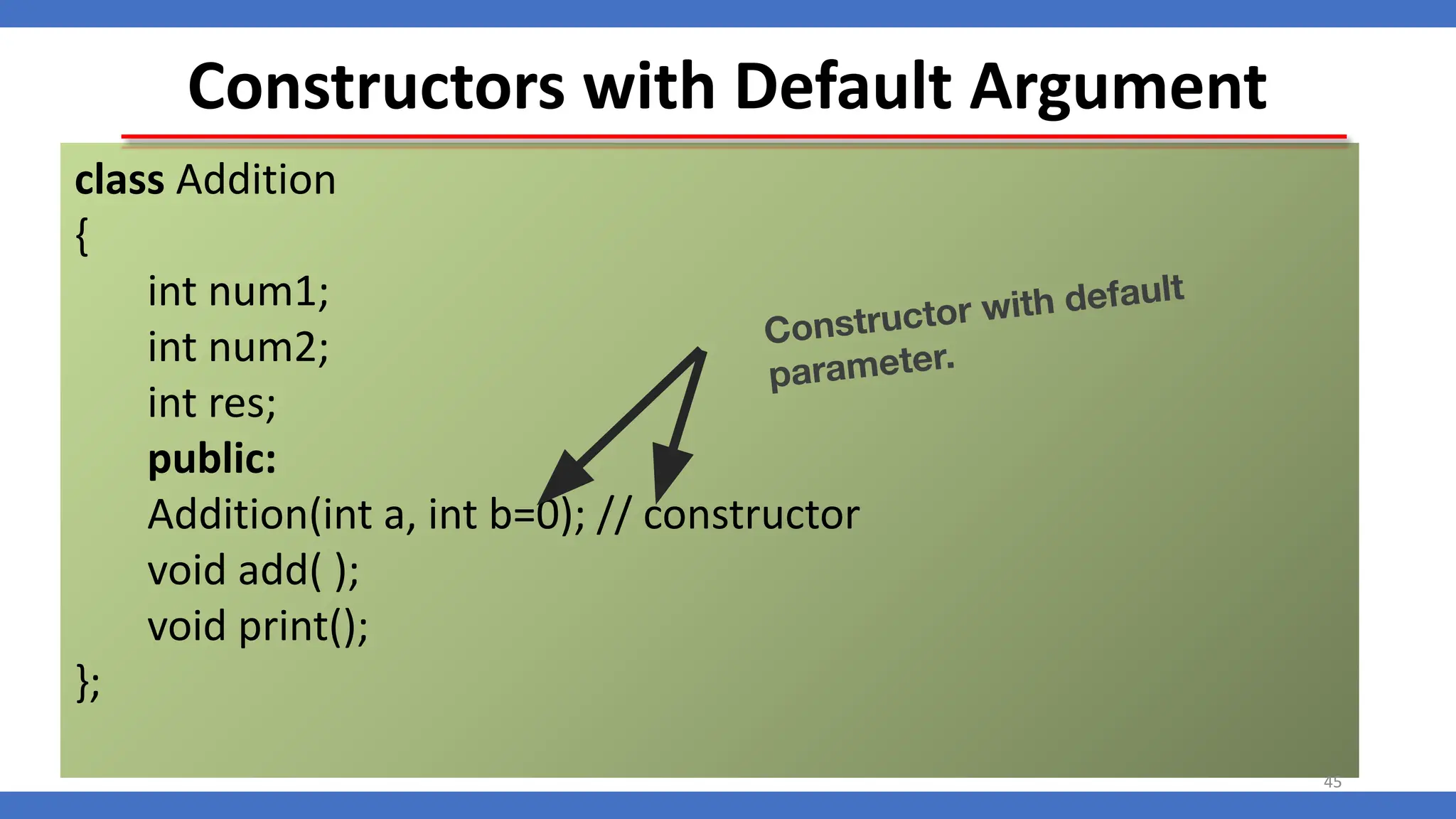 Constructors with Default Argument
class Addition
{
int num1;
int num2;
int res;
public:
Addition(int a, int b=0); // constructor
void add( );
void print();
};
Constructor with default
parameter.
45
 