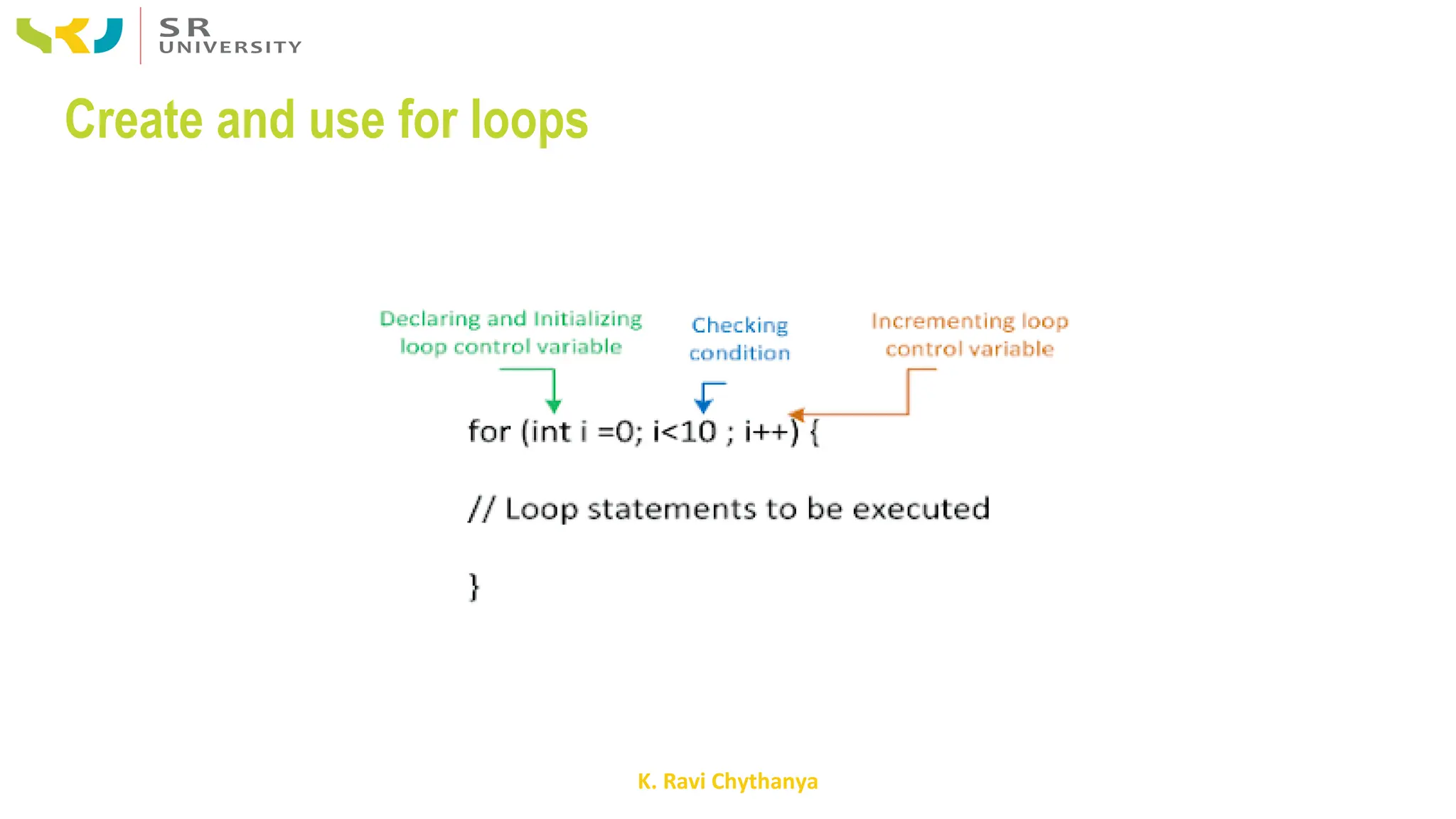K. Ravi Chythanya
Create and use for loops
 