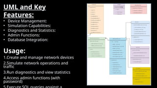 UML and Key
Features:
• Device Management:
• Simulation Capabilities:
• Diagnostics and Statistics:
• Admin Functions:
• Database Integration:
Usage:
1.Create and manage network devices
2.Simulate network operations and
traffic
3.Run diagnostics and view statistics
4.Access admin functions (with
password)
 