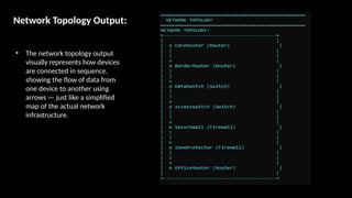 Network Topology Output:
• The network topology output
visually represents how devices
are connected in sequence,
showing the flow of data from
one device to another using
arrows — just like a simplified
map of the actual network
infrastructure.
 