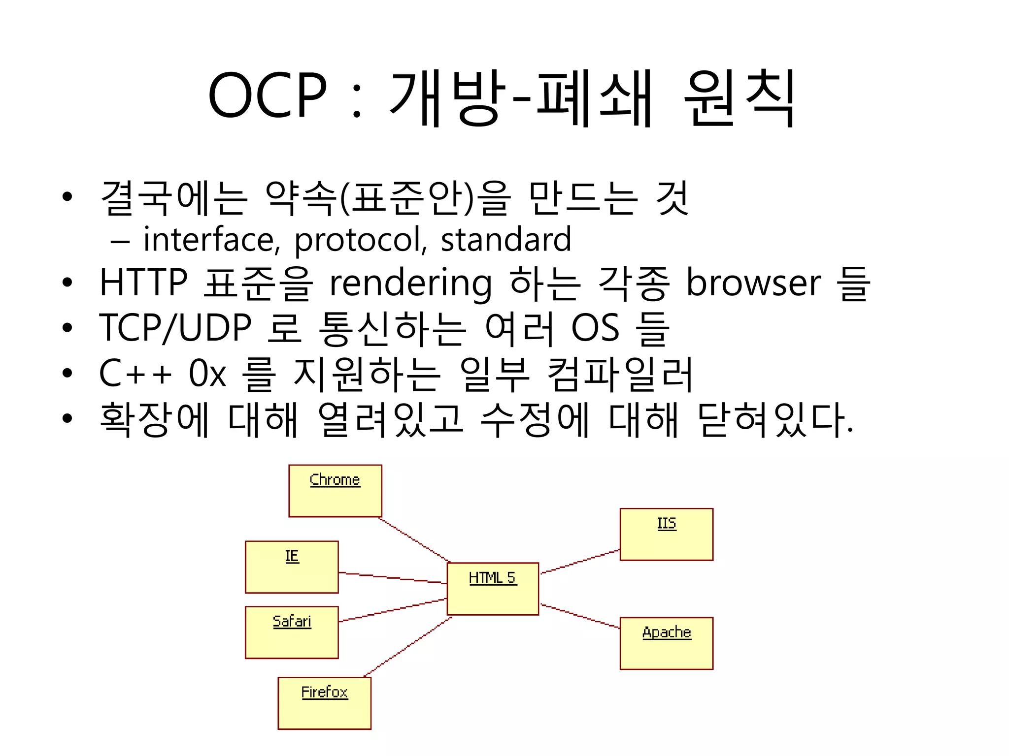 OCP : 개방-폐쇄 원칙
• 결국에는 약속(표준안)을 만드는 것
    – interface, protocol, standard
•   HTTP 표준을 rendering 하는 각종 browser 들
•   TCP/UDP 로 통싞하는 여러 OS 들
•   C++ 0x 를 지원하는 일부 컴파일러
•   확장에 대해 열려있고 수정에 대해 닫혀있다.
 
