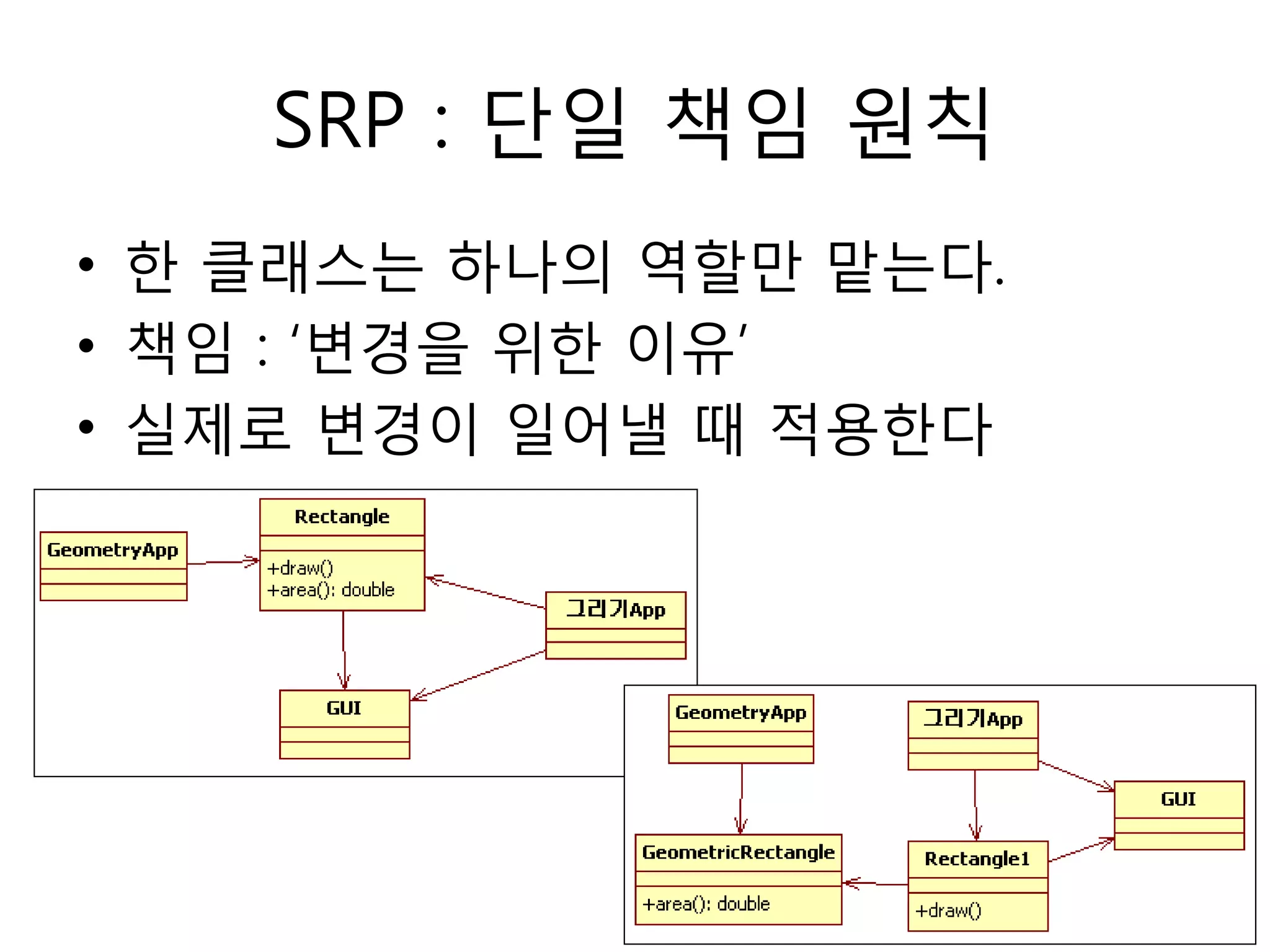 SRP : 단일 책임 원칙
• 한 클래스는 하나의 역할만 맡는다.
• 책임 : „변경을 위한 이유‟
• 실제로 변경이 일어낼 때 적용한다
 