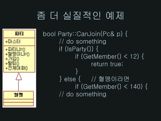 좀 더 실질적인 예제
bool Party::CanJoin(Pc& p) {
     // do something
     if (IsParty()) {
            if (GetMember() < 12) {
                  return true;
            }
     } else {     // 혈맹이라면
            if (GetMember() < 140) {
     // do something
 