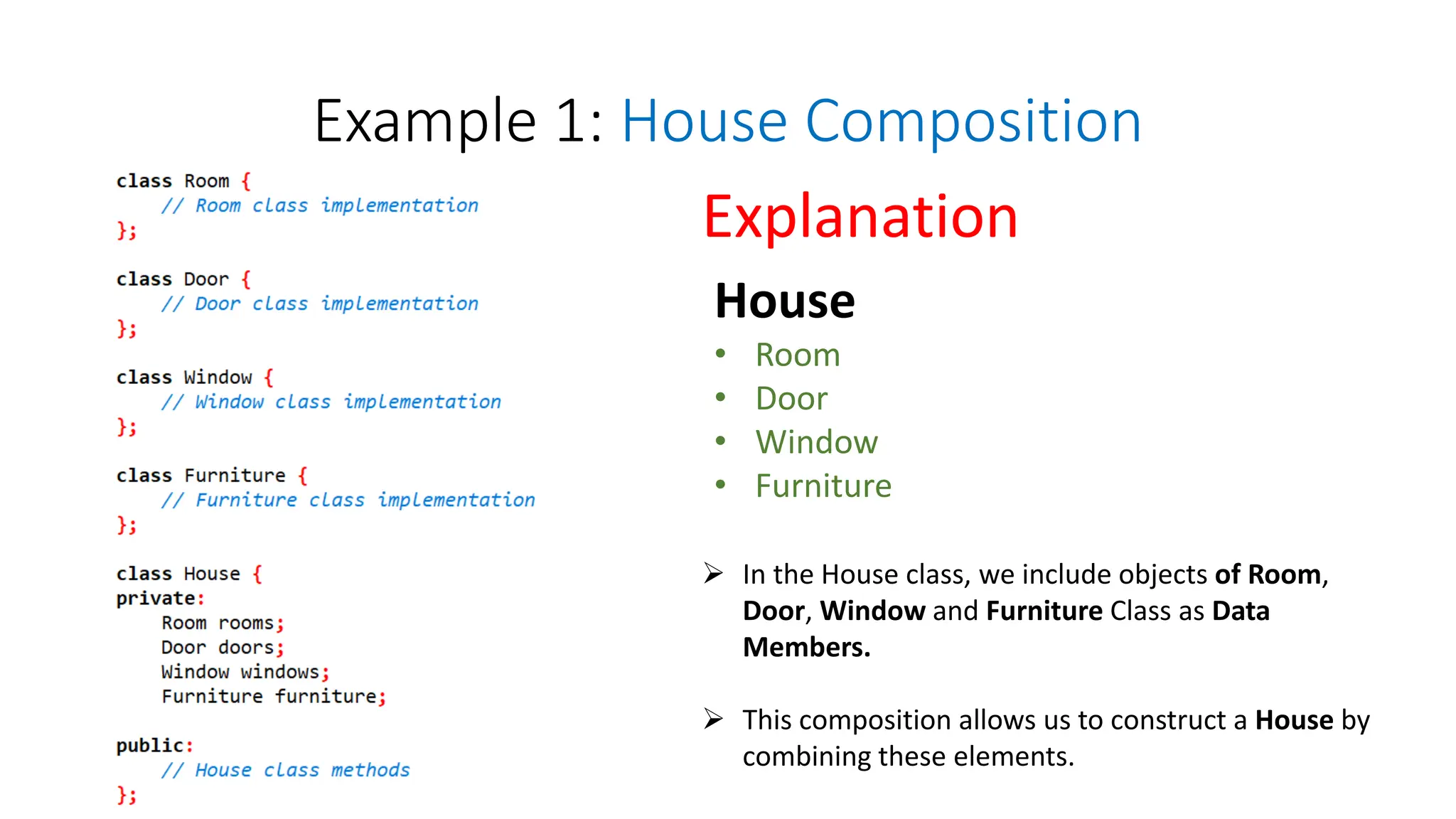 Example 1: House Composition
House
• Room
• Door
• Window
• Furniture
Explanation
 In the House class, we include objects of Room,
Door, Window and Furniture Class as Data
Members.
 This composition allows us to construct a House by
combining these elements.
 