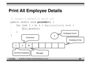 Print All Employee Details
7/11/2015 Budditha Hettige (budditha@yahoo.com) 10
F C M
3
Employee Count
Employee Array
Full time Employee
Contractor
Manager
 