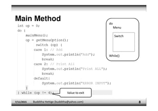 Main Method
7/11/2015 Budditha Hettige (budditha@yahoo.com) 8
Value to exit
 