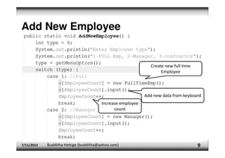 Add New Employee
7/11/2015 Budditha Hettige (budditha@yahoo.com) 9
Create new full time
Employee
Add new data from keyboard
Increase employee
count
 