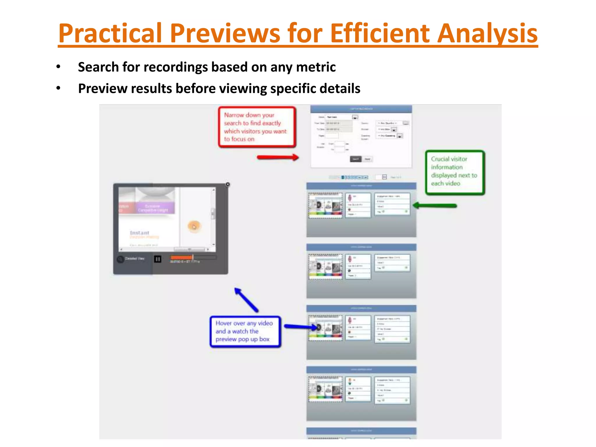Practical Previews for Efficient Analysis
•   Search for recordings based on any metric
•   Preview results before viewing specific details
 