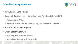 Causal Clustering - Features
• Two Zones – Core + Edge
• Group of Core Servers – Consistent and Partition tolerant (CP)
• Transactional Writes
• Quorum Writes, Cluster Membership, Leader via Raft Consensus
• Scale out with Read Replicas
• Smart Bolt Drivers with
• Routing, Read & Write Sessions
• Causal Consistency with Bookmarks
 