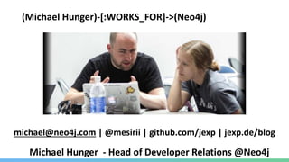(Michael Hunger)-[:WORKS_FOR]->(Neo4j)
michael@neo4j.com | @mesirii | github.com/jexp | jexp.de/blog
Michael Hunger - Head of Developer Relations @Neo4j
 