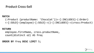 Product Cross-Sell
MATCH
(:Product {productName: 'Chocolat'})<-[:INCLUDES]-(:Order)
<-[:SOLD]-(employee)-[:SOLD]->()-[:INCLUDES]->(cross:Product)
RETURN
employee.firstName, cross.productName,
count(distinct o2) AS freq
ORDER BY freq DESC LIMIT 5;
 