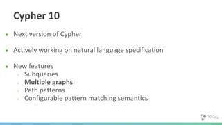 Cypher 10
● Next version of Cypher
● Actively working on natural language specification
● New features
○ Subqueries
○ Multiple graphs
○ Path patterns
○ Configurable pattern matching semantics
 