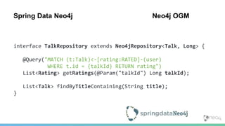 Spring Data Neo4j Neo4j OGM
interface TalkRepository extends Neo4jRepository<Talk, Long> {
@Query("MATCH (t:Talk)<-[rating:RATED]-(user)
WHERE t.id = {talkId} RETURN rating")
List<Rating> getRatings(@Param("talkId") Long talkId);
List<Talk> findByTitleContaining(String title);
}
 