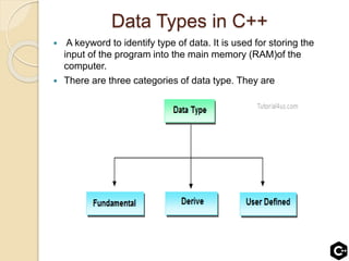 Data Types in C++
 A keyword to identify type of data. It is used for storing the
input of the program into the main memory (RAM)of the
computer.
 There are three categories of data type. They are
 