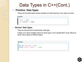 Data Types in C++(Cont.)
 Primitive Data Types
◦ These are the data types whose variable can hold maximum one value at a time.
 Derived Data Types
◦ They are derived from fundamental data type.
◦ It allow us to store multiple values of same type in one variable BUT never allows to
store many values of different types.
 