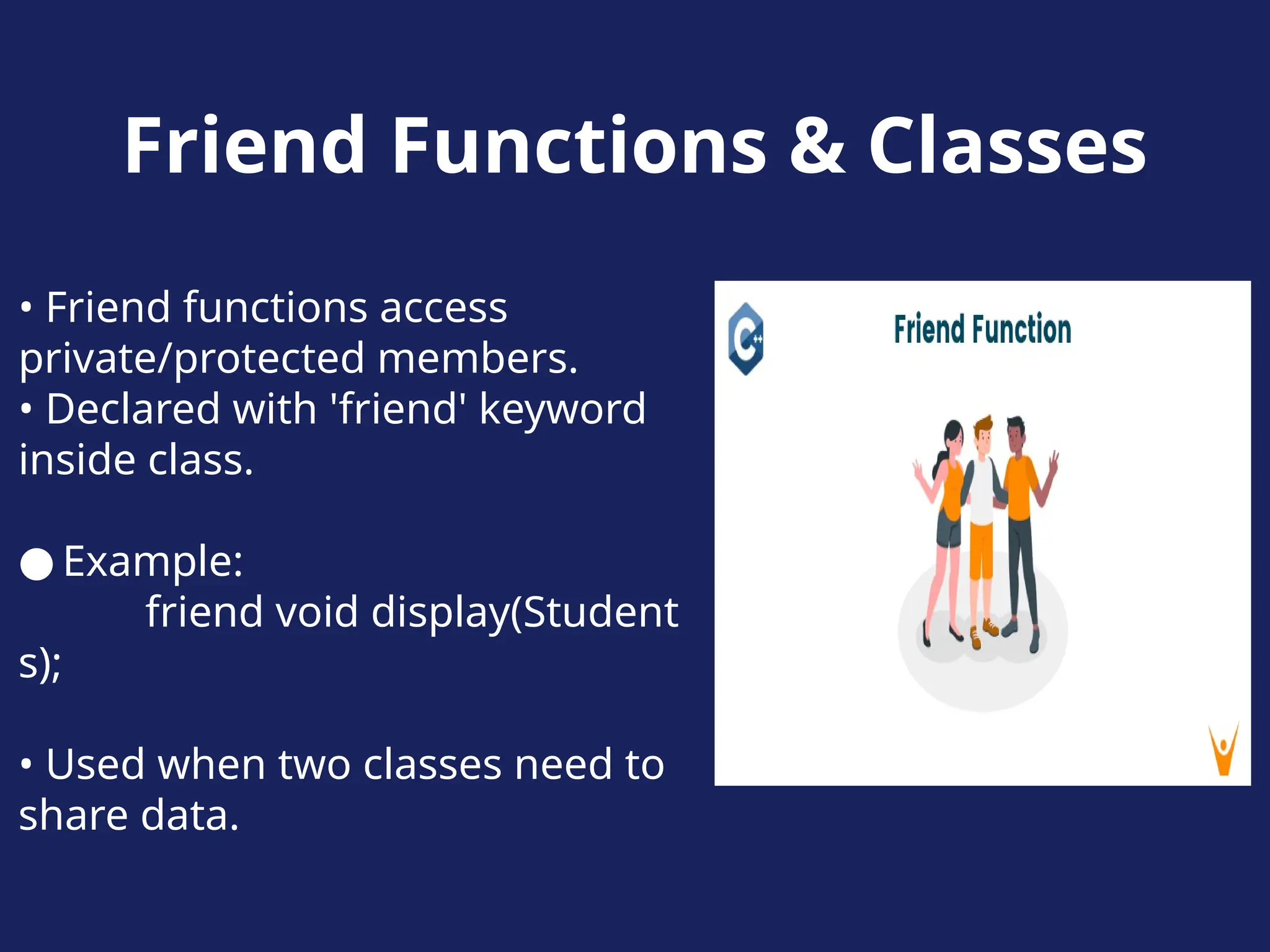 Friend Functions & Classes
• Friend functions access
private/protected members.
• Declared with 'friend' keyword
inside class.
● Example:
friend void display(Student
s);
• Used when two classes need to
share data.
 