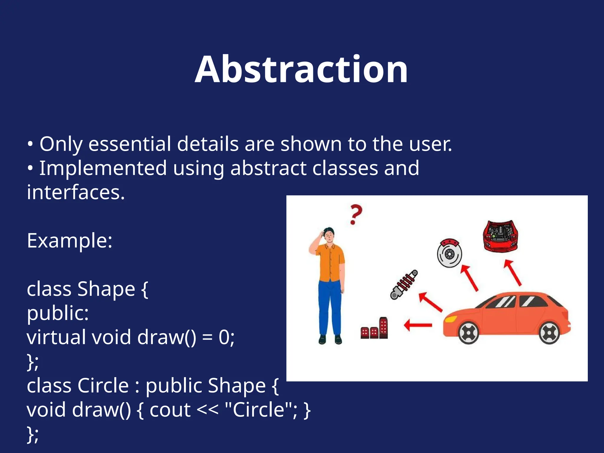 Abstraction
• Only essential details are shown to the user.
• Implemented using abstract classes and
interfaces.
Example:
class Shape {
public:
virtual void draw() = 0;
};
class Circle : public Shape {
void draw() { cout << "Circle"; }
};
 