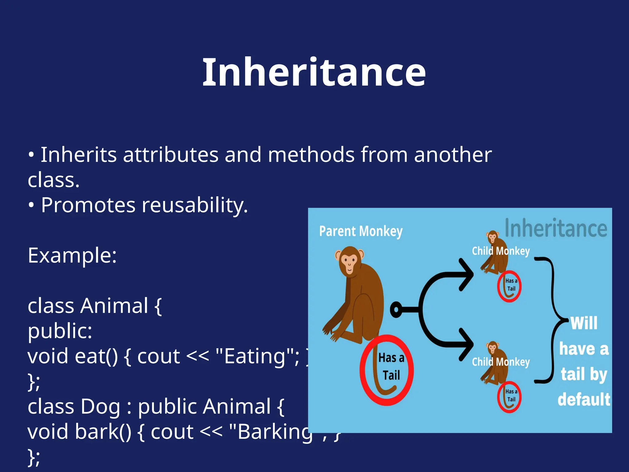 Inheritance
• Inherits attributes and methods from another
class.
• Promotes reusability.
Example:
class Animal {
public:
void eat() { cout << "Eating"; }
};
class Dog : public Animal {
void bark() { cout << "Barking"; }
};
 