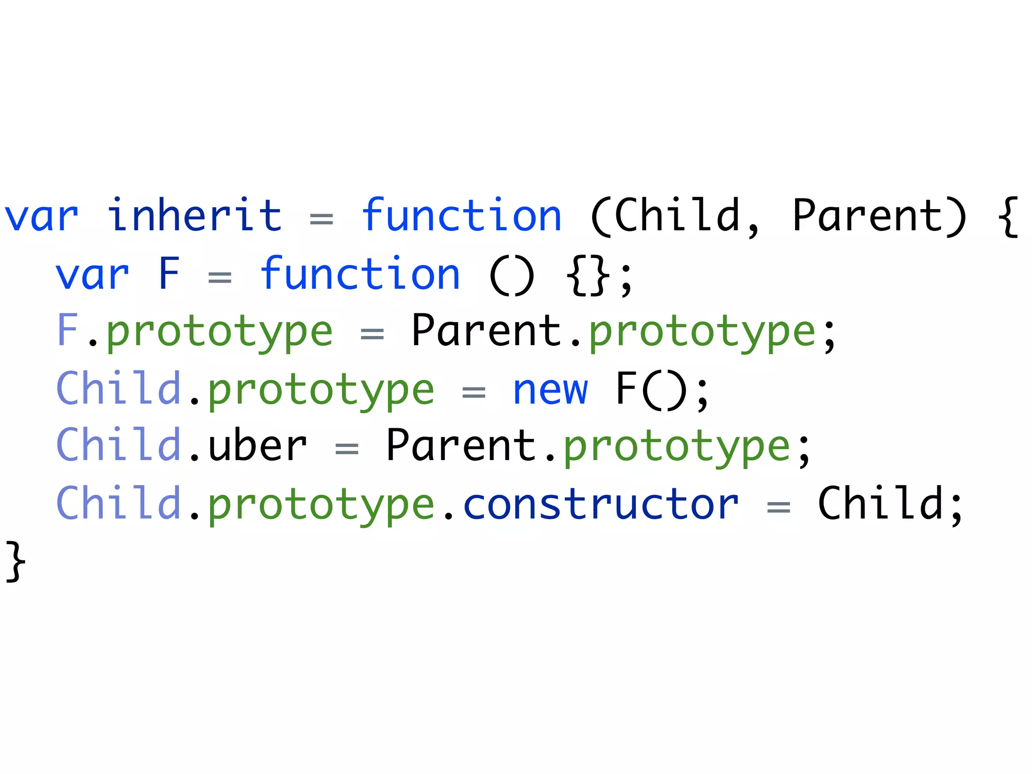 var inherit = function (Child, Parent) {
  var F = function () {};
  F.prototype = Parent.prototype;
  Child.prototype = new F();
  Child.uber = Parent.prototype;
  Child.prototype.constructor = Child;
}
 