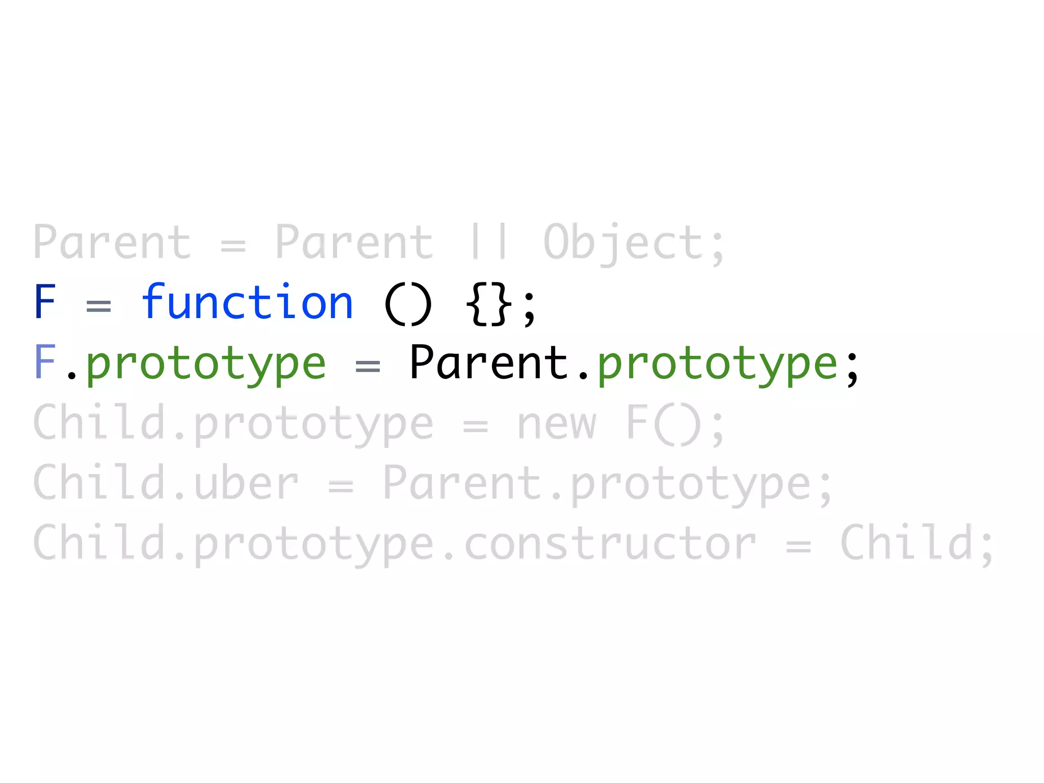 Parent = Parent || Object;
F = function () {};
F.prototype = Parent.prototype;
Child.prototype = new F();
Child.uber = Parent.prototype;
Child.prototype.constructor = Child;
 