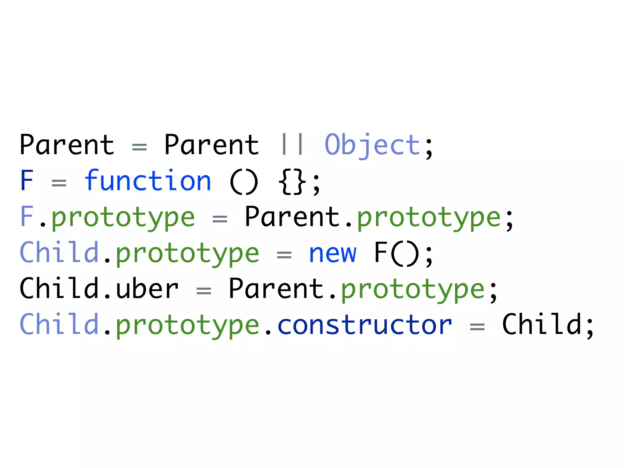 Parent = Parent || Object;
F = function () {};
F.prototype = Parent.prototype;
Child.prototype = new F();
Child.uber = Parent.prototype;
Child.prototype.constructor = Child;
 