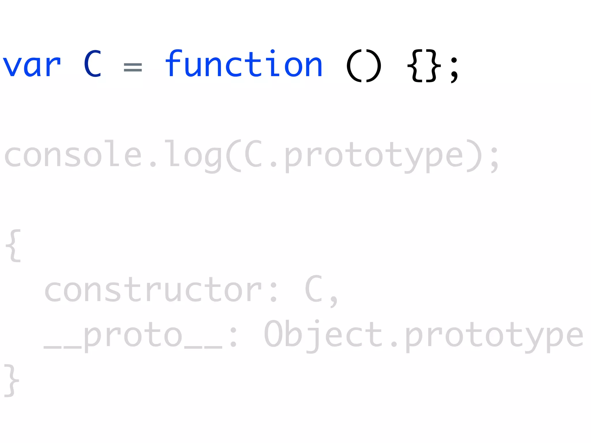 var C = function () {};

console.log(C.prototype);

{
    constructor: C,
    __proto__: Object.prototype
}
 