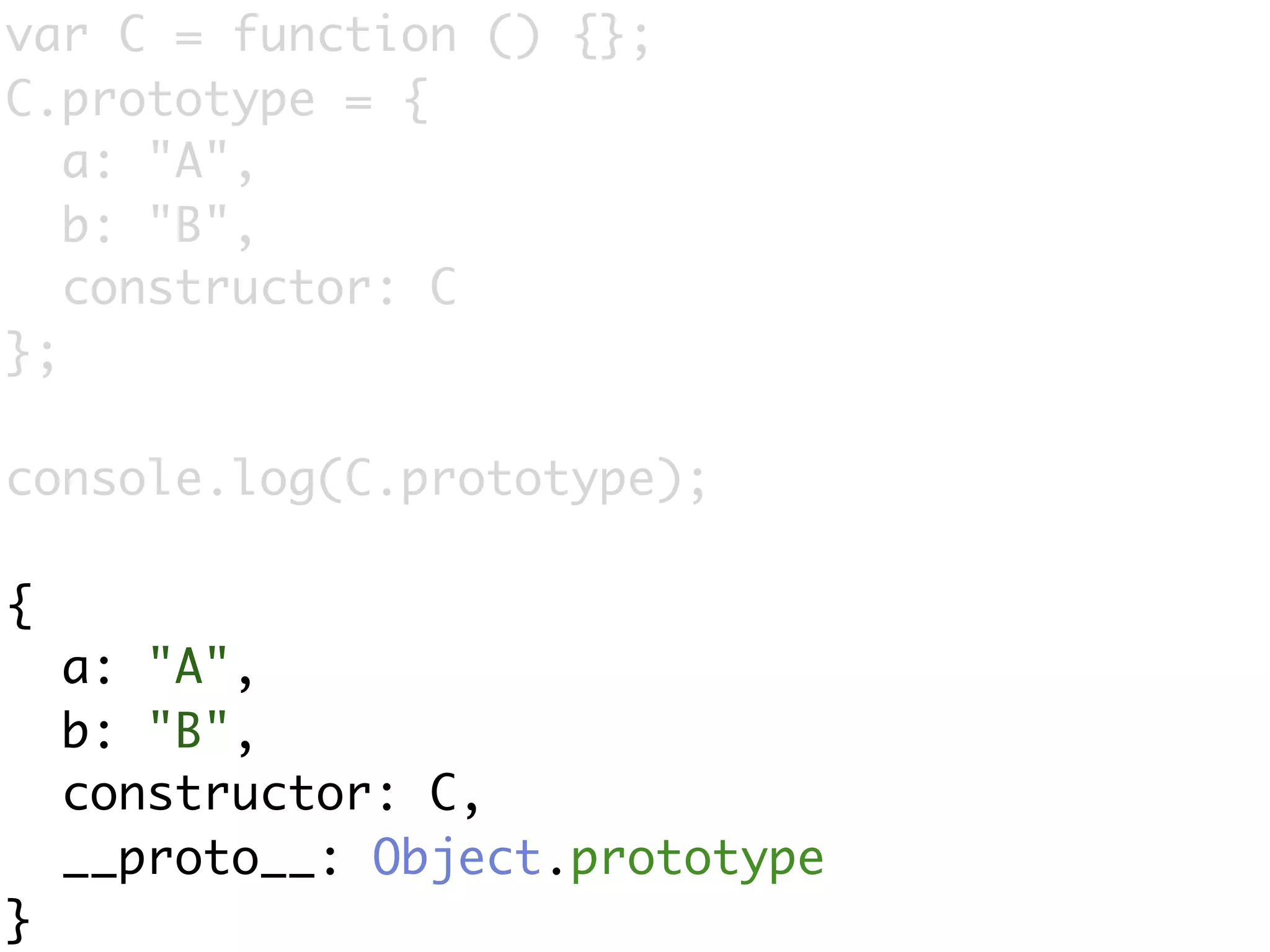 var C = function () {};
C.prototype = {
   a: "A",
   b: "B",
   constructor: C
};

console.log(C.prototype);

{
    a: "A",
    b: "B",
    constructor: C,
    __proto__: Object.prototype
}
 