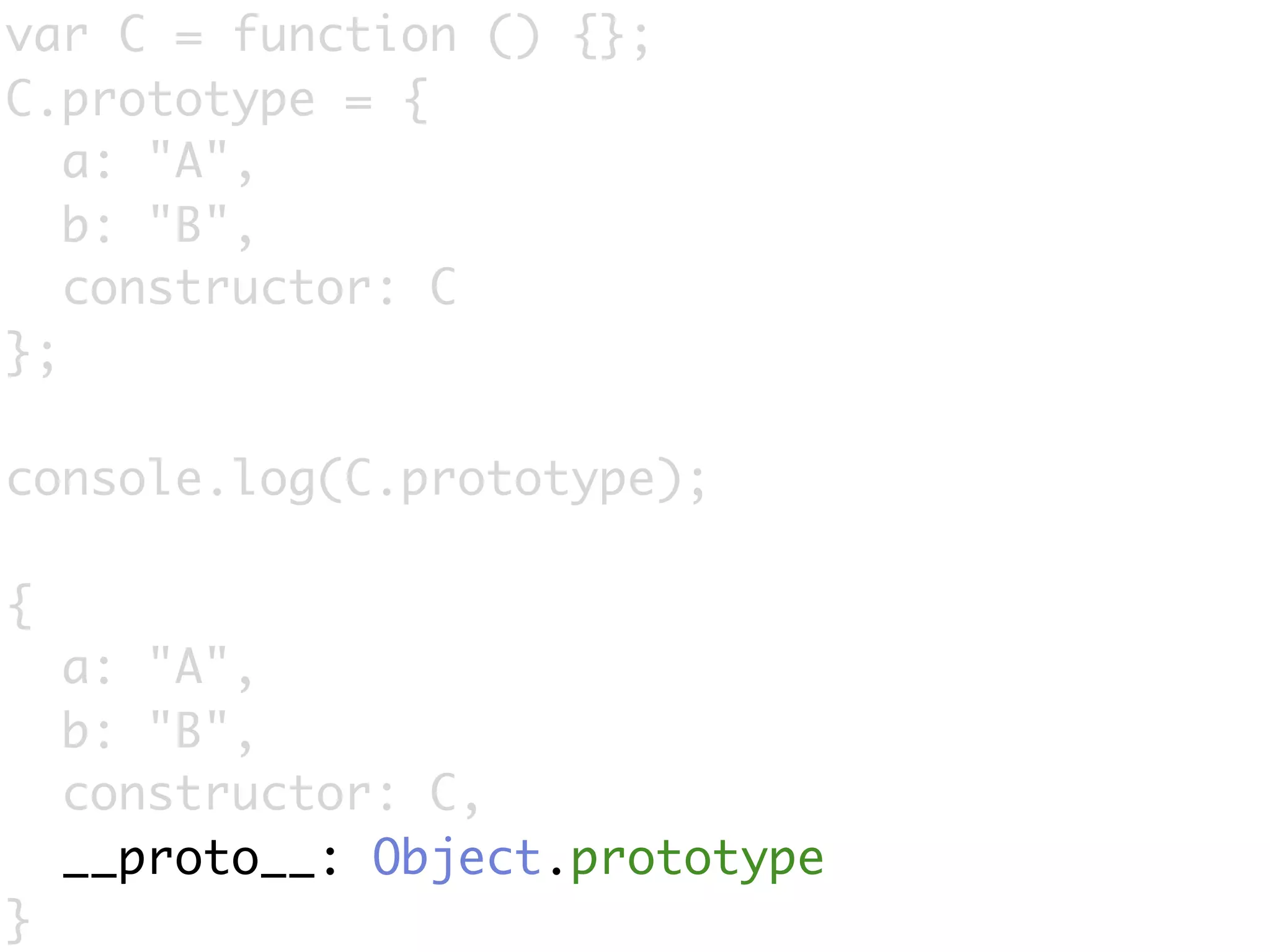 var C = function () {};
C.prototype = {
   a: "A",
   b: "B",
   constructor: C
};

console.log(C.prototype);

{
    a: "A",
    b: "B",
    constructor: C,
    __proto__: Object.prototype
}
 