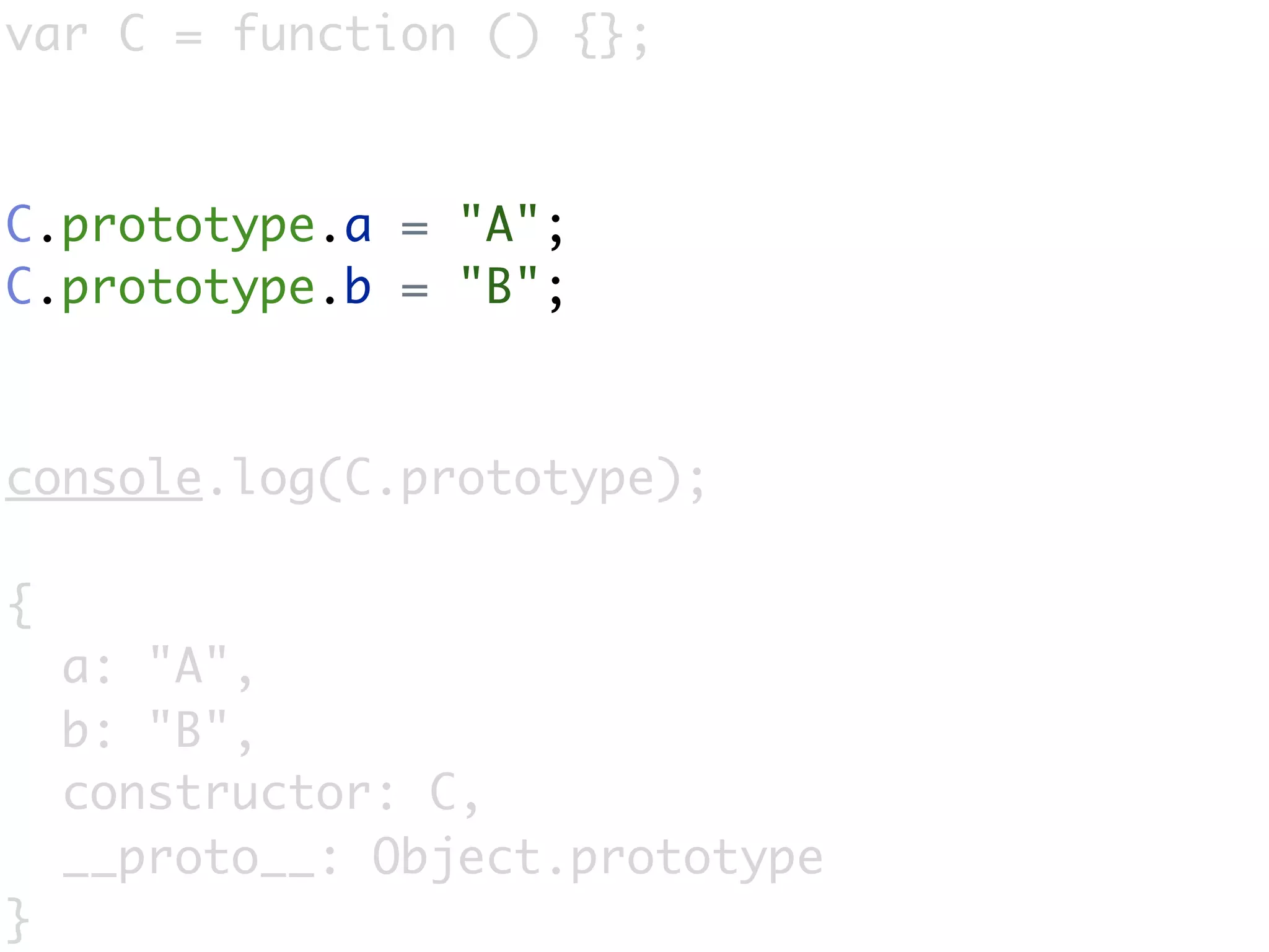 var C = function () {};



C.prototype.a = "A";
C.prototype.b = "B";



console.log(C.prototype);

{
    a: "A",
    b: "B",
    constructor: C,
    __proto__: Object.prototype
}
 