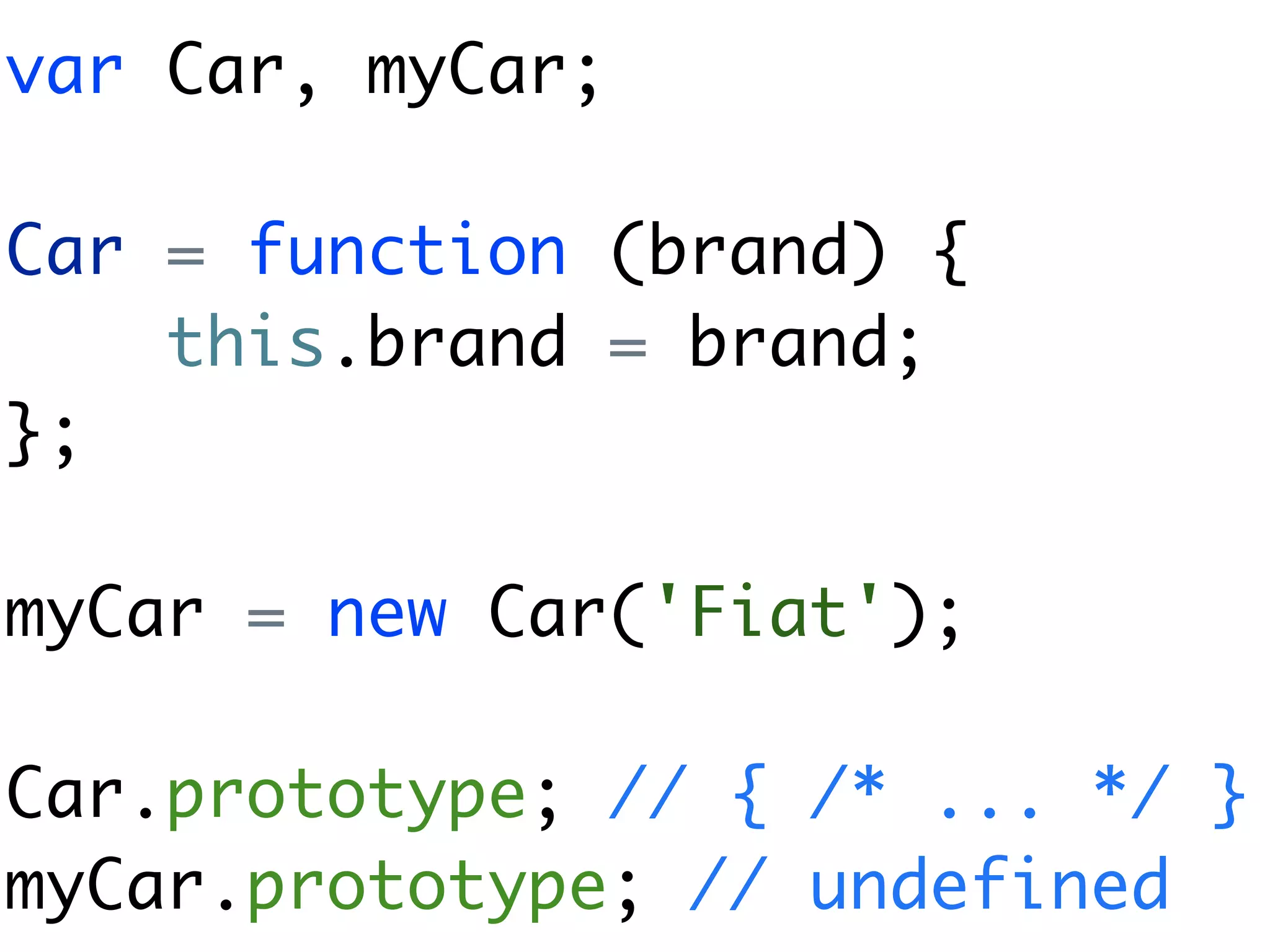 var Car, myCar;

Car = function (brand) {
    this.brand = brand;
};

myCar = new Car('Fiat');

Car.prototype; // { /* ... */ }
myCar.prototype; // undefined
 