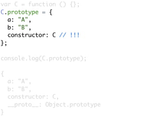var C = function () {};
C.prototype = {
   a: "A",
   b: "B",
   constructor: C // !!!
};

console.log(C.prototype);

{
    a: "A",
    b: "B",
    constructor: C,
    __proto__: Object.prototype
}
 