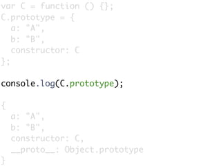 var C = function () {};
C.prototype = {
   a: "A",
   b: "B",
   constructor: C
};

console.log(C.prototype);

{
    a: "A",
    b: "B",
    constructor: C,
    __proto__: Object.prototype
}
 