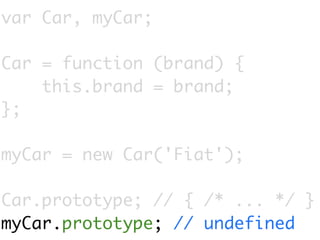 var Car, myCar;

Car = function (brand) {
    this.brand = brand;
};

myCar = new Car('Fiat');

Car.prototype; // { /* ... */ }
myCar.prototype; // undefined
 
