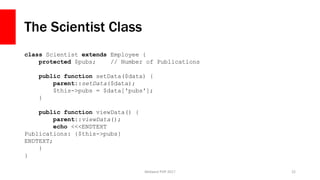 The Scientist Class
Midwest PHP 2017 22
class Scientist extends Employee {
protected $pubs; // Number of Publications
publ...
