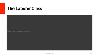 The Laborer Class
LonestarPHP	
  2015	
   18	
  
class Laborer extends Employee {
}
 