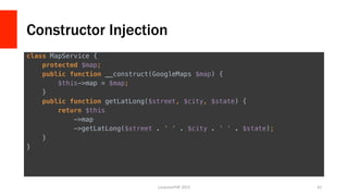 Constructor Injection
class MapService {!
protected $map;!
public function __construct(GoogleMaps $map) {!
$this->map = $map;!
}!
public function getLatLong($street, $city, $state) {!
return $this!
->map!
->getLatLong($street . ' ' . $city . ' ' . $state);!
}!
}!
!
	
  
LonestarPHP	
  2015	
   42	
  
 