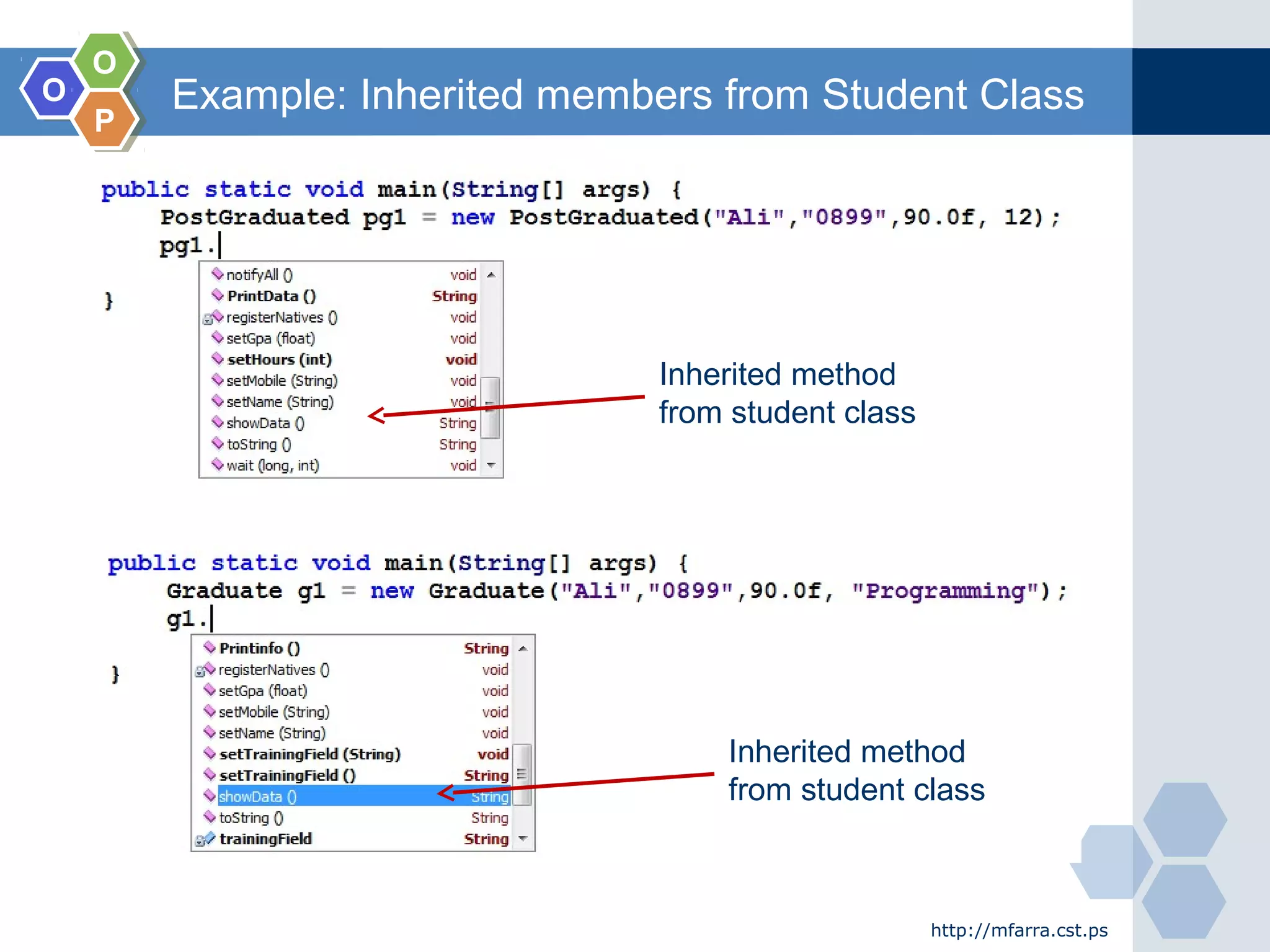 OO
OO
PP
Example: Inherited members from Student Class
http://mfarra.cst.ps
Inherited method
from student class
Inherited method
from student class
 