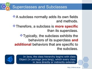 OO
OO
PP
Superclasses and Subclasses
http://mfarra.cst.ps
A subclass normally adds its own fields
and methods.
Therefore, a subclass is more specific
than its superclass.
Typically, the subclass exhibits the
behaviors of its superclass and
additional behaviors that are specific to
the subclass.
In Java, the class hierarchy begins with class
Object (in package java.lang), which every class
in Java directly or indirectly extends.
 