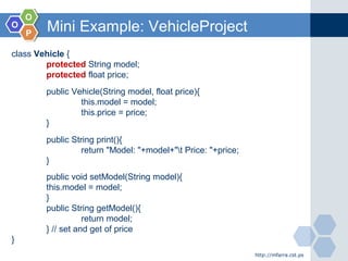 OO
OO
PP
Mini Example: VehicleProject
http://mfarra.cst.ps
class Vehicle {
protected String model;
protected float price;
public Vehicle(String model, float price){
this.model = model;
this.price = price;
}
public String print(){
return "Model: "+model+"t Price: "+price;
}
public void setModel(String model){
this.model = model;
}
public String getModel(){
return model;
} // set and get of price
}
 